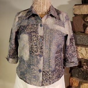 Faux patchwork textured jacket. Blues/grays.